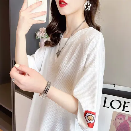 华夫格短袖t恤女夏季韩版宽松大码女装中长款百搭学生半袖上衣服图片