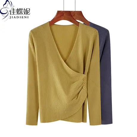 秋冬新款韩版V领修身纯色不规则长袖体恤上衣针织衫显瘦女装商品大图
