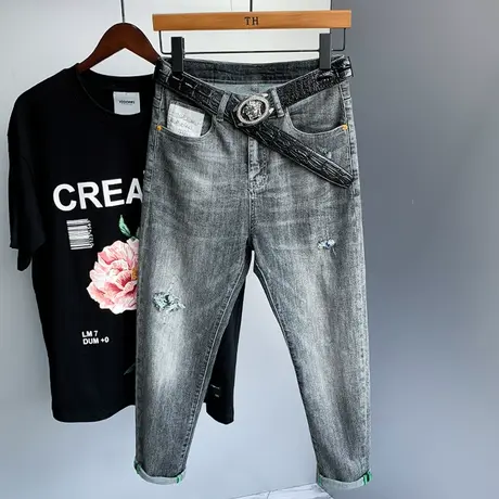 浅灰色牛仔裤男九分裤修身弹力小脚裤子男士韩版潮牌乞丐破洞百搭商品大图