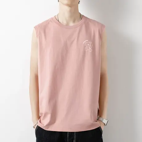 小熊背心男潮夏季纯棉粉色无袖t恤健身跨栏运动坎肩潮流宽松汗衫商品大图