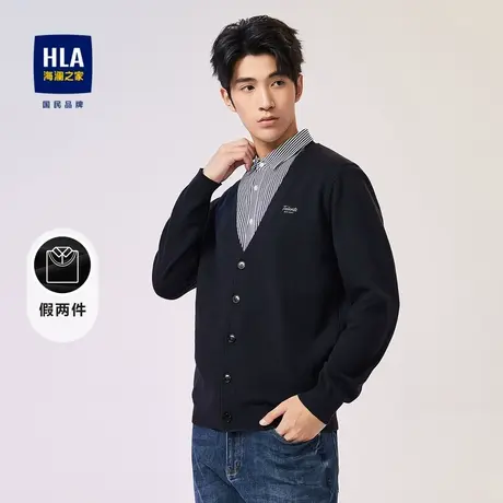 HLA/海澜之家双领针织衫2023秋季新款纯色保暖套头衫假两件男商品大图