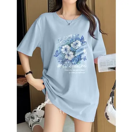 VR真维斯中长款短袖t恤女夏季2023新款重磅纯棉宽松显瘦上衣体恤商品大图