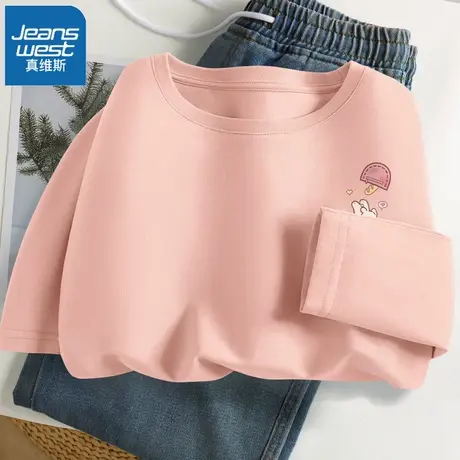 VR真维斯粉色t恤女春秋季2023新款宽松长袖体恤学生甜美上衣女款商品大图