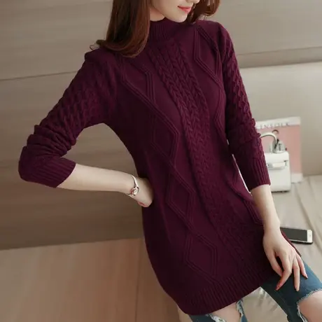 套头毛衣女春秋新款2025韩版修身麻花中长款显瘦半高领打底针织衫商品大图