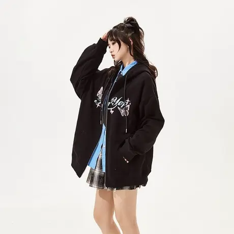 YEP黑色复古连帽开衫卫衣女外套春秋2024新款美式慵懒风宽松上衣商品大图