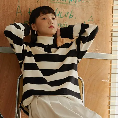 omont蛋挞家 复古宽松翻领条纹polo衫卫衣女长袖t恤上衣秋冬新款商品大图