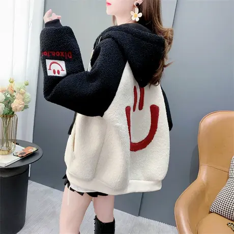 美式潮牌休闲加厚羊羔毛外套女冬季新款宽松慵懒风拼色高级感上衣商品大图