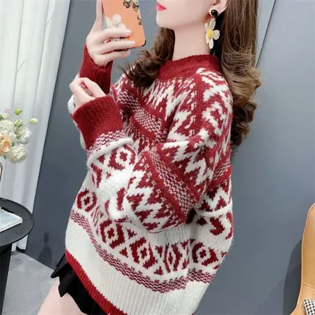 复古菱形提花圆领毛衣女套头2023新款秋冬宽松加厚百搭加厚针织衫图片