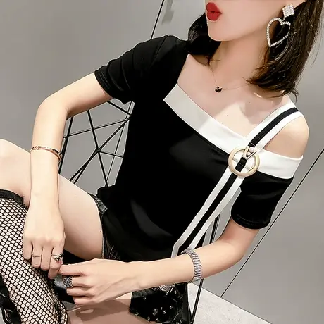 女装2024新款潮性感露肩T恤女短袖夏设计感撞色洋气上衣百搭丅恤商品大图
