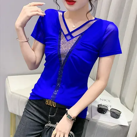 性感V领网纱T恤女短袖欧货洋气修身百搭小衫设计感烫钻别致上衣潮图片