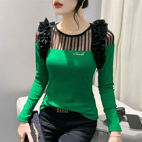 秋季网纱拼接撞色上衣设计感木耳边T恤女长袖洋气修身减龄打底衫商品大图