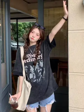 水洗做旧短袖t恤女装2023新款夏季设计感小众独特别致中长款上衣商品大图