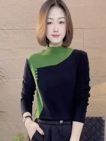 2023秋冬新款洋气保暖内搭显瘦拼接长袖打底衫半高领百搭休闲上衣商品大图