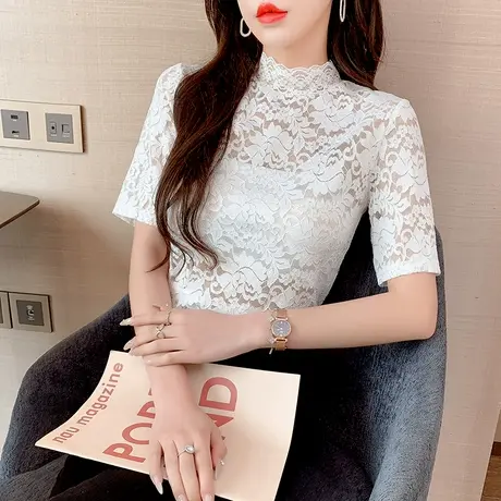 2022年春夏新款镂空蕾丝上衣女短袖通勤套头洋气显瘦高领外穿小衫图片
