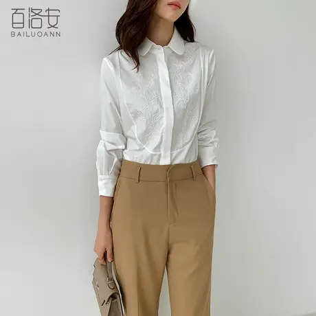 百洛安精美刺绣白色衬衫女春新款设计感小众宽松翻领长袖衬衣上衣商品大图