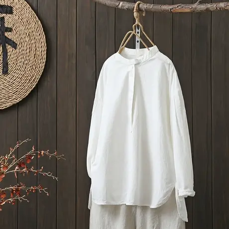 枫谜2023春季新款文艺复古棉麻蝙蝠袖宽松显瘦百搭半开扣长袖衬衫图片