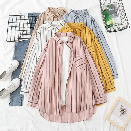 2023春夏新款防晒条纹衬衫女宽松韩版百搭港风休闲上衣学生薄外套图片