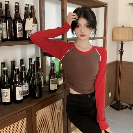 设计感小众抽绳短款长袖T恤女春秋冬内搭高腰打底衫ins潮修身上衣商品大图