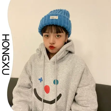 红续冬季显瘦连帽卫衣2023新款甜酷ins风笑脸印花学生加厚长袖图片