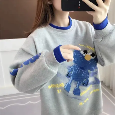 小个子卫衣女秋冬韩版宽松bf慵懒风ins加绒加厚假两件上衣外套潮商品大图