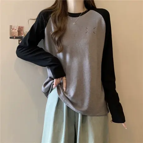 德绒刺绣撞色插肩长袖T恤女秋冬加绒加厚宽松显瘦打底衫内搭上衣商品大图