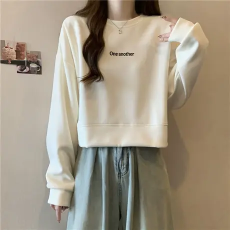 美式潮牌短款圆领无帽卫衣女春秋装薄款韩版宽松长袖小个子上衣服商品大图