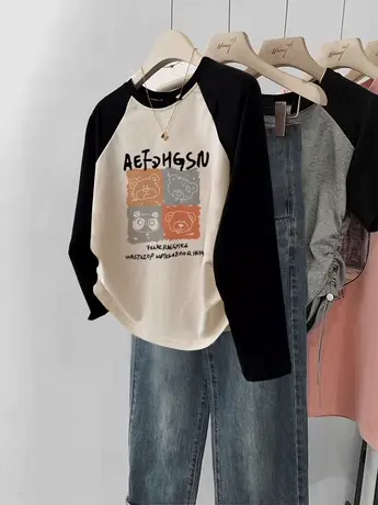 胖mm插肩显瘦打底衫T恤女秋大码港味chic长袖ins潮小个子短款上衣商品大图