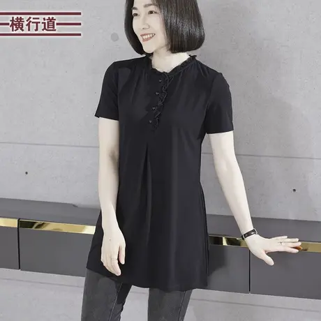 2025夏季新款简约纯色木耳领中长款短袖T恤大码女妈妈装外穿上衣商品大图