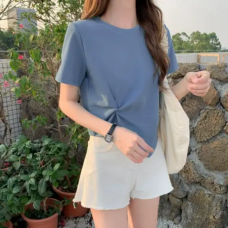 不规则短袖t恤女2024年新款夏季心机设计感小众半袖高腰短款上衣图片