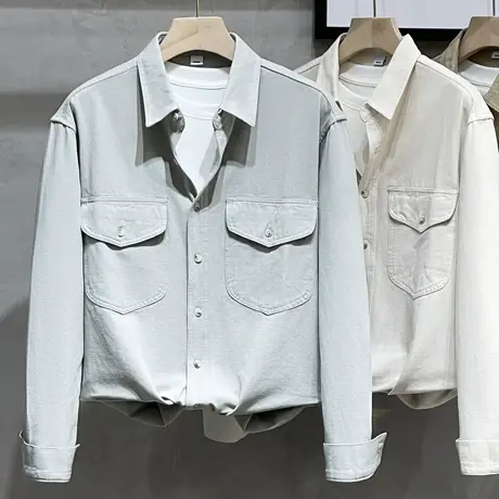 美式复古纯棉工装衬衫男长袖2023年春装新款宽松衬衣男士外套商品大图