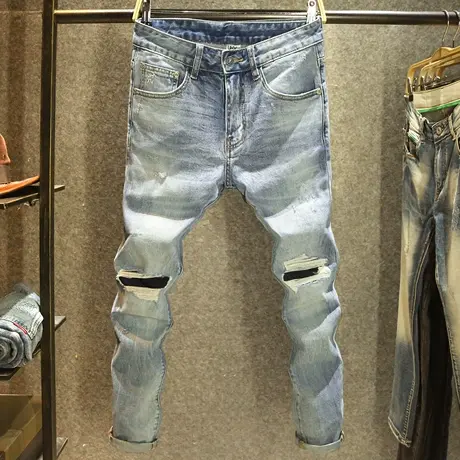 潮流大破洞贴布男士牛仔裤修身小脚弹力长裤秋冬潮牌刮烂磨破裤子商品大图