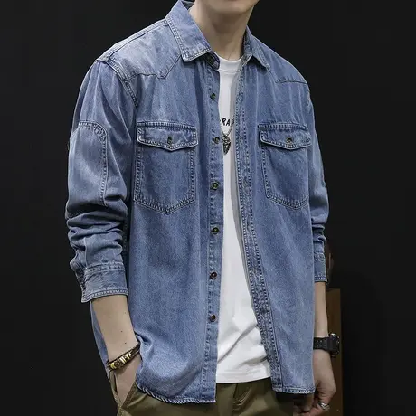 春季男款薄款2024新款衬衣外套男士休闲春秋上衣长袖牛仔衬衫男图片