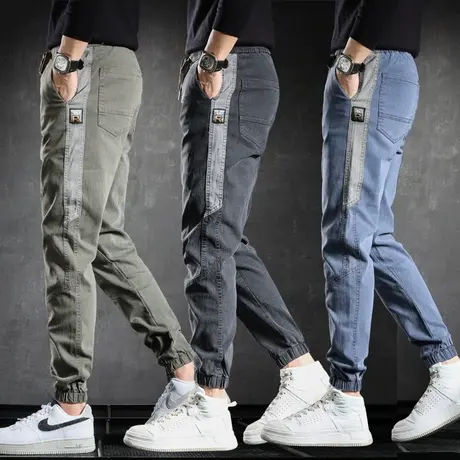 松紧腰束脚牛仔裤男士2024新款春秋款工装休闲男裤大码加绒加厚冬商品大图