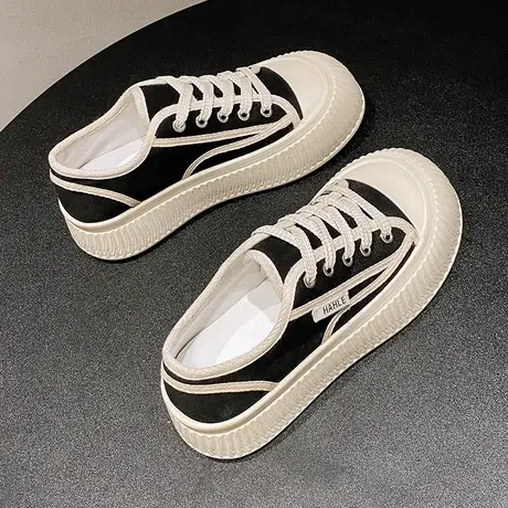 爆款厚底低帮帆布鞋女2024春季新款圆头丑萌饼干鞋软底百搭松糕鞋商品大图