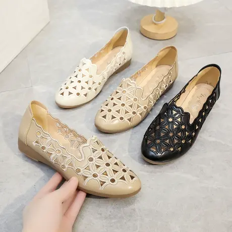 老北京布鞋女镂空皮鞋夏季透气妈妈单鞋平底休闲一脚蹬女鞋中老年商品大图