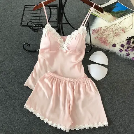 韩版睡衣女夏学生家居服性感情调衣人清新蕾丝吊带短裤冰丝两件套商品大图