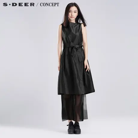 sdeer圣迪奥2018秋女装设计感压褶无袖连衣裙S16381233图片
