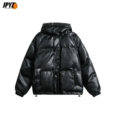 男生棉衣2024年新款冬季皮衣保暖纯色皮面连帽美式款加厚加绒外套图片