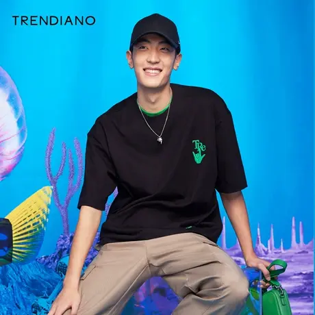 TRENDIANO夏季新款潮牌男装ins时尚休闲纯棉圆领短袖白色t恤内搭商品大图