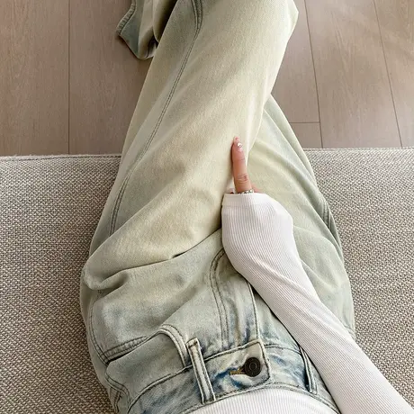 浅蓝色高腰牛仔裤女秋冬新款宽松直筒开叉垂感小个子阔腿裤拖地裤商品大图