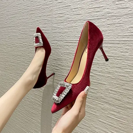 酒红色高跟鞋女婚鞋新娘鞋2024新款尖头水钻方扣细跟单鞋小众气质图片