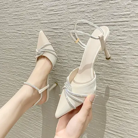 包头高跟鞋女细跟2024年新款春秋季一字扣带尖头水钻后空细跟单鞋图片
