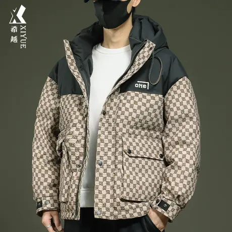 希越老花拼接羽绒服男冬季新国标白鸭绒外套宽松大码男士连帽棉服商品大图