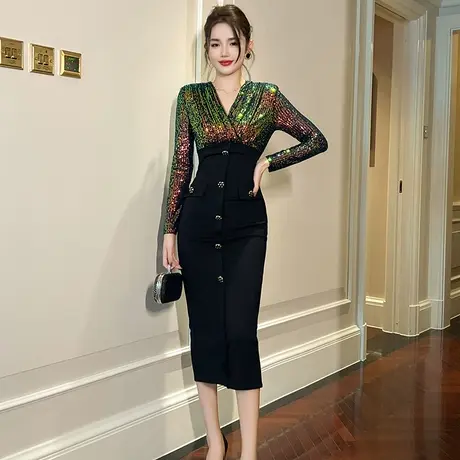 亮片拼接赫本风V领长袖连衣裙独特别致高腰显瘦气质包臀裙中长款图片