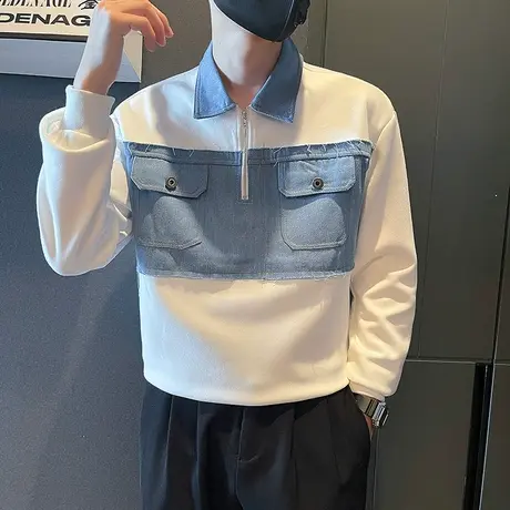 美式潮牌时尚牛仔拼接POLO领卫衣男春秋季半拉链痞帅休闲工装上衣商品大图