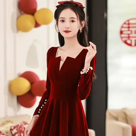 敬酒服新娘小个子冬季长袖酒红色丝绒礼服平时可穿订婚连衣裙冬天商品大图