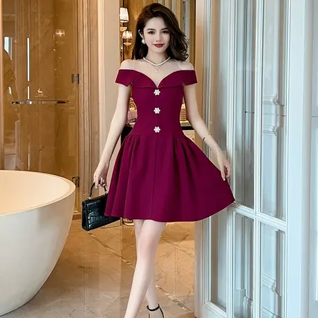 紫色抹胸一字肩小礼服平时可穿小众轻奢收腰显瘦气质a字连衣裙女图片