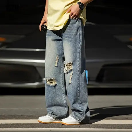 男生蓝色做旧破洞牛仔裤男春季直筒宽松休闲裤子男款美式2024新款商品大图