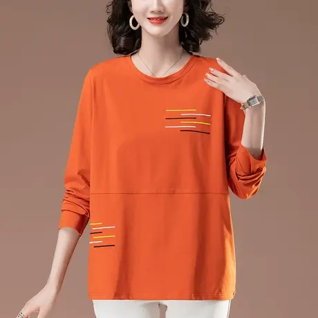 加肥加大码长袖t恤女春季新款中老年妈妈宽松洋气刺绣纯棉打底衫商品大图