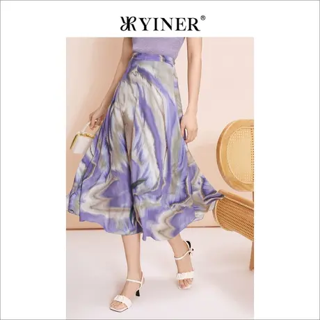 YINER音儿女装2023夏季优雅高腰A字裙印花丁香紫半身裙图片